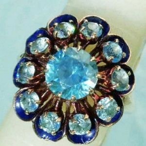 Antique Blue Zircon, Enamel and Gold Cocktail ring